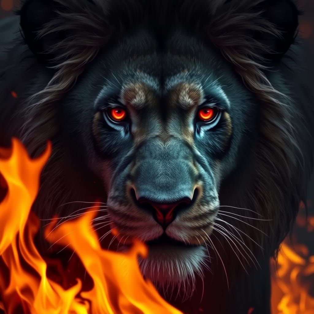 Majestic Black Lion with Fiery Eyes