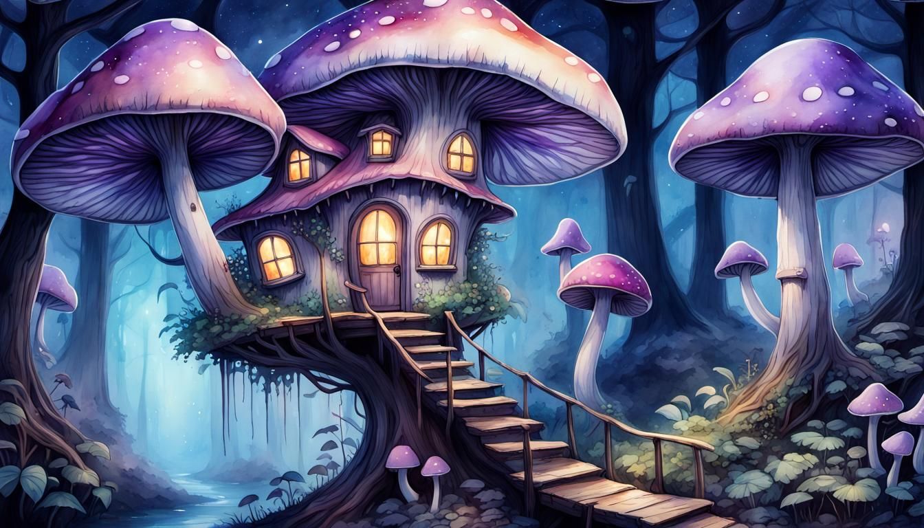 Bioluminescent Mushroom Fairy Treehouse in Watercolor