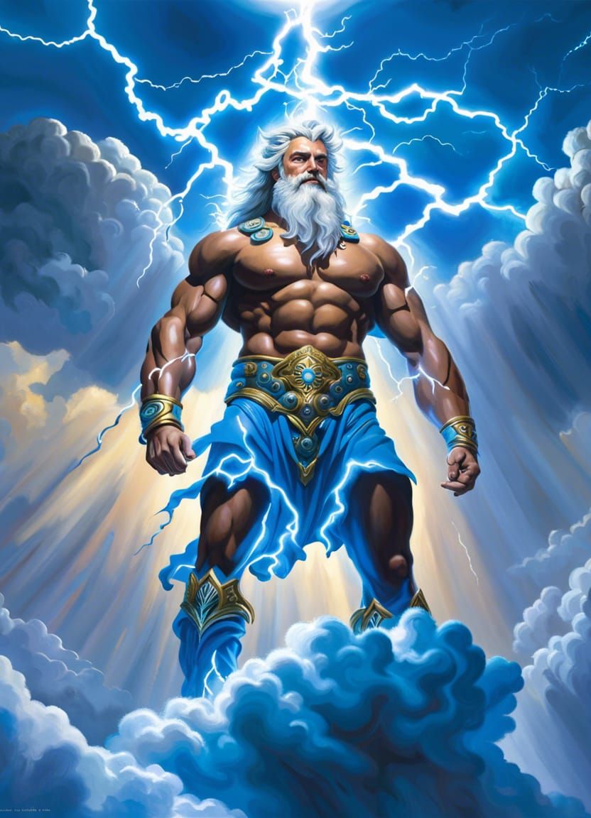 Zeus on Clouds with Lightning, Card Art Style