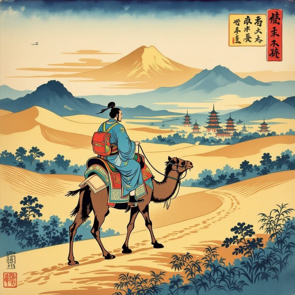 In ukiyo-e style woodblock Marco Polo who is Venetian mercha...