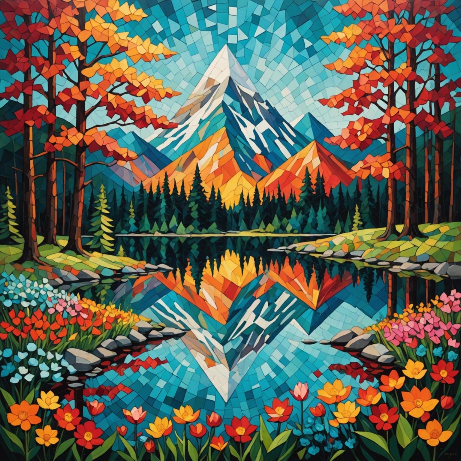 Kaleidoscopic Impressionist Mountain Forest with Geometric S...