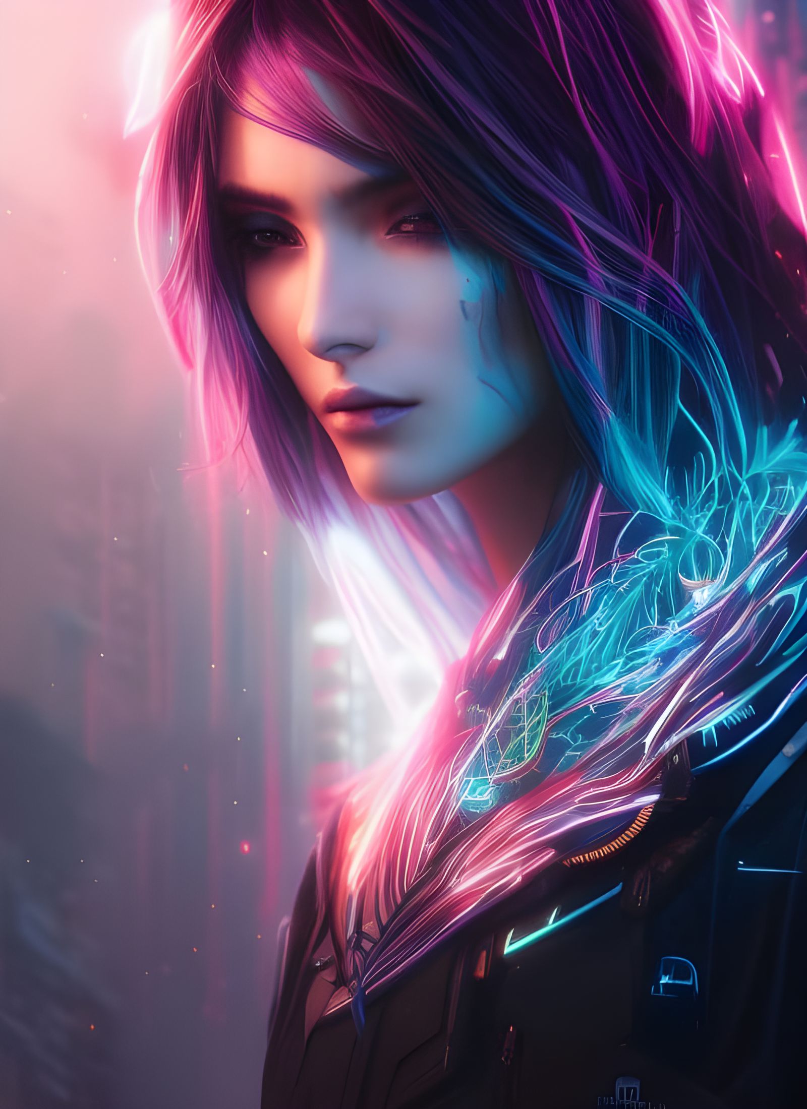 Cyberpunk Goddess with Neon Hair, Hyper-Detailed Illustratio...