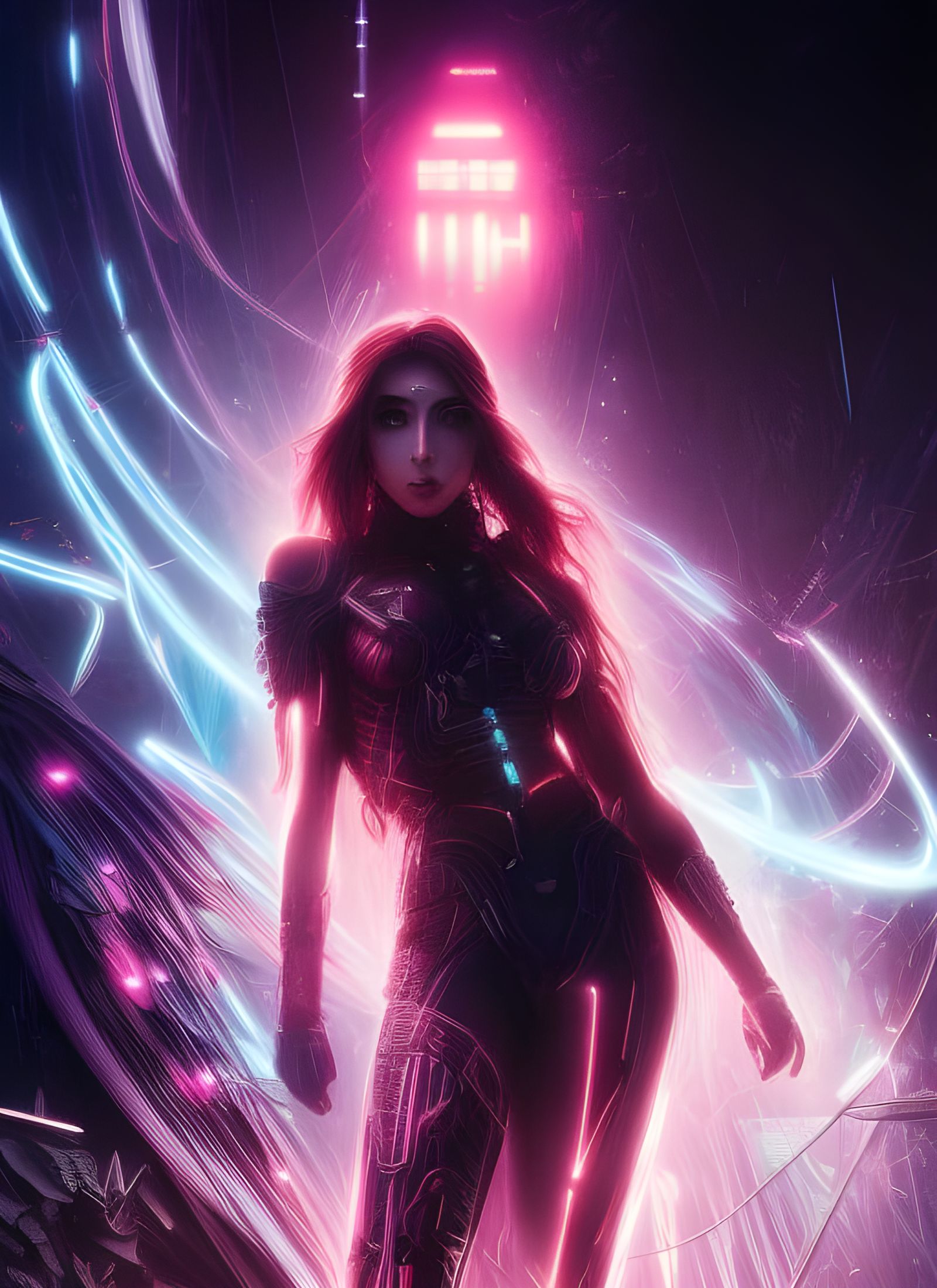 Cyberpunk Goddess with Neon Flowing Hair