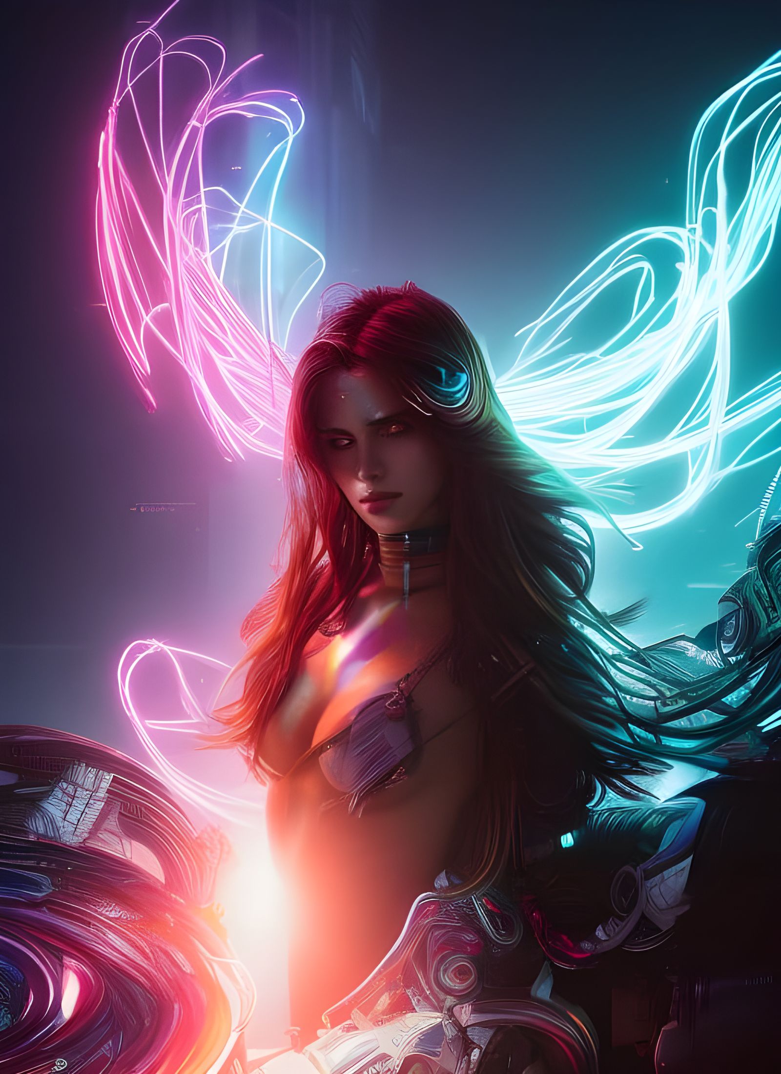 Cyberpunk Goddess with Neon Hair in Digital Art