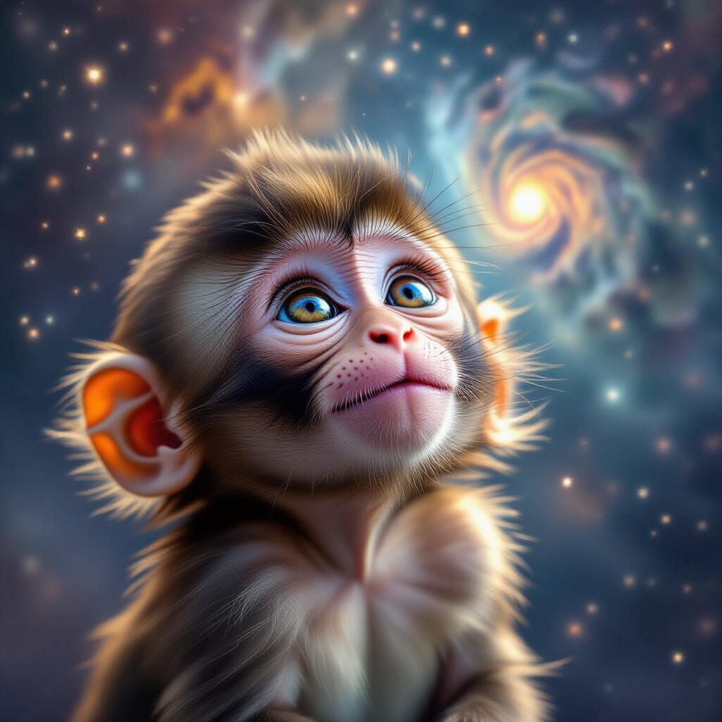 Baby Monkey Gazes at Cosmic Wonders
