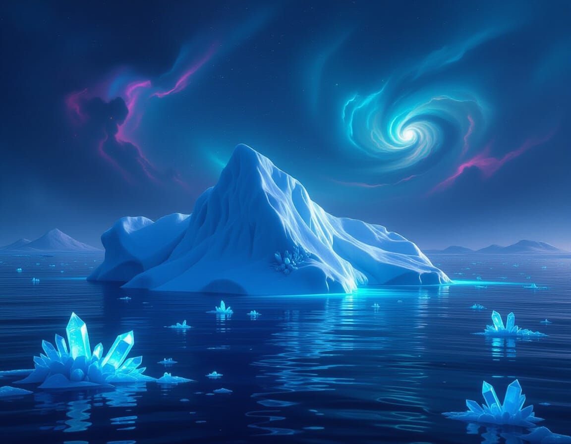 Ancient Iceberg in Alien Ocean with Nebula Sky