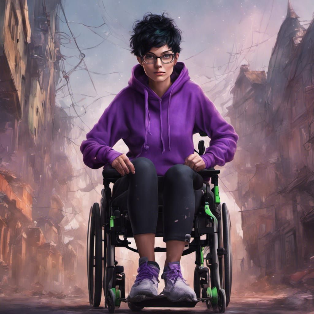 a female powered wheelchair user with short messy black hair, green eyes and glasses wearing a purple hoodie