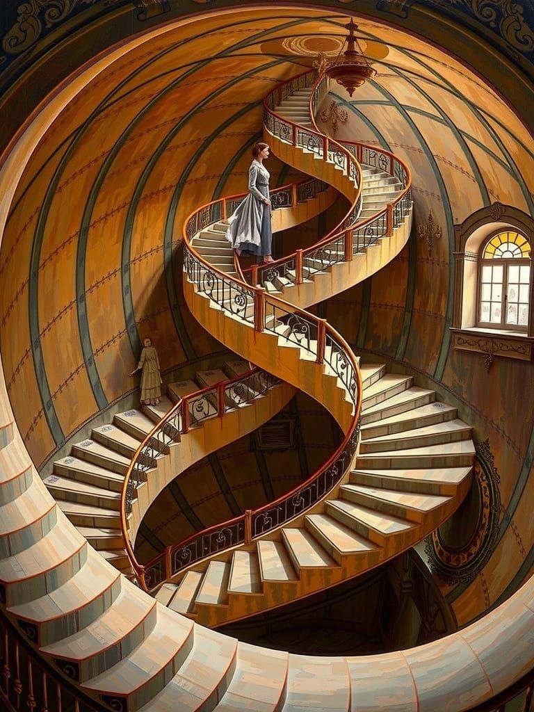 Ethereal Woman Ascends Impossible Staircase in a Cyberpunk A...