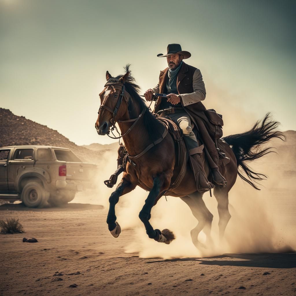 Dramatic Gunslinger Showdown on Horseback