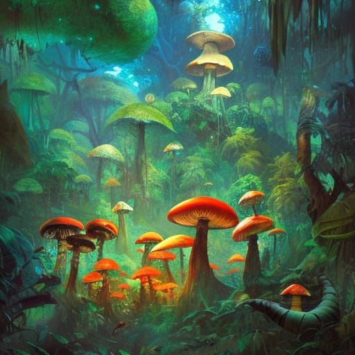 Luminescent Mushroom Fantasy Wonderland in Psychedelic Style