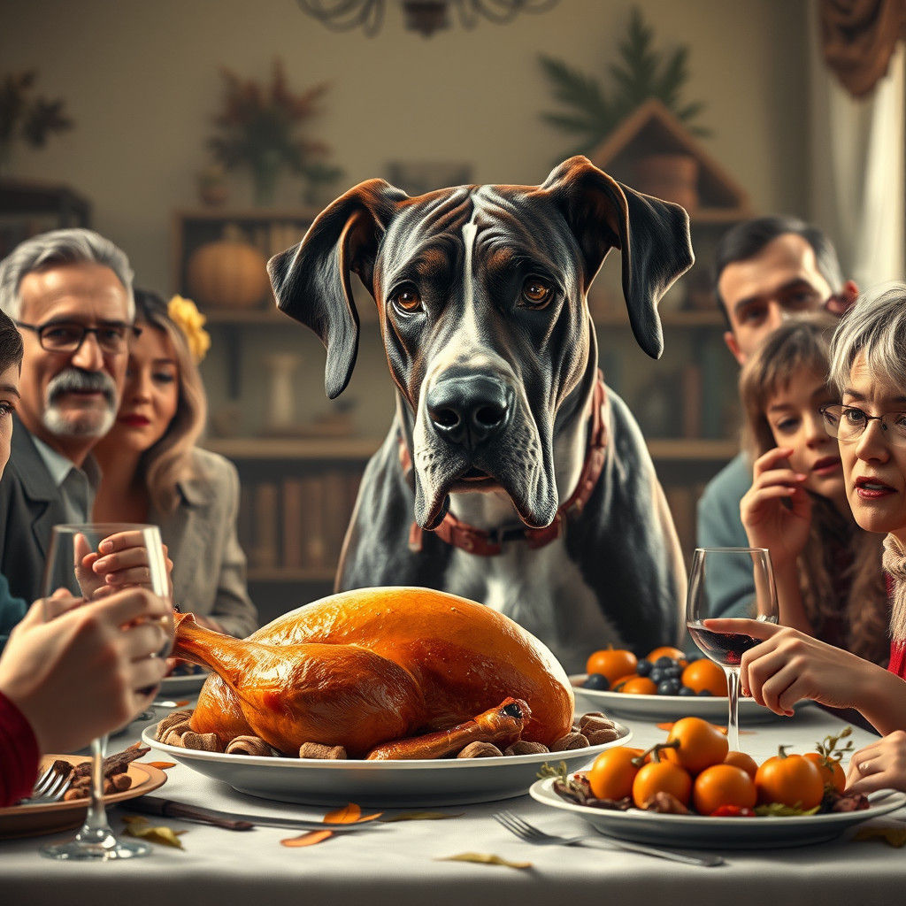 Great Dane Steals Thanksgiving Turkey, Rockwell Style