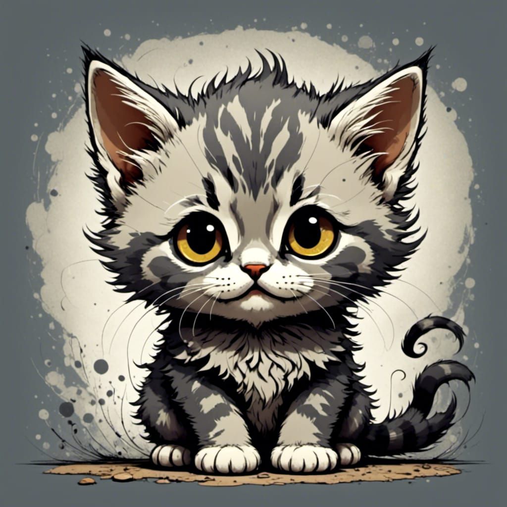 Adorable Fluffy Kitten in Screen Print Style