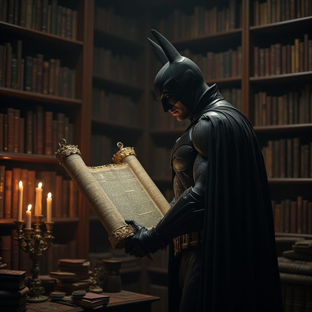 Batman Reads Jewish Scroll in Noir Setting