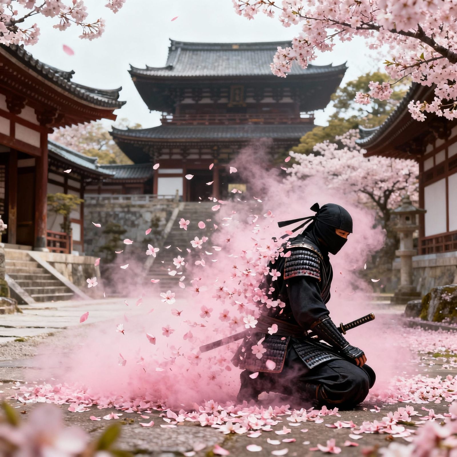 Ninja Samurai Dissolves into Cherry Blossoms in Ancient Japa...