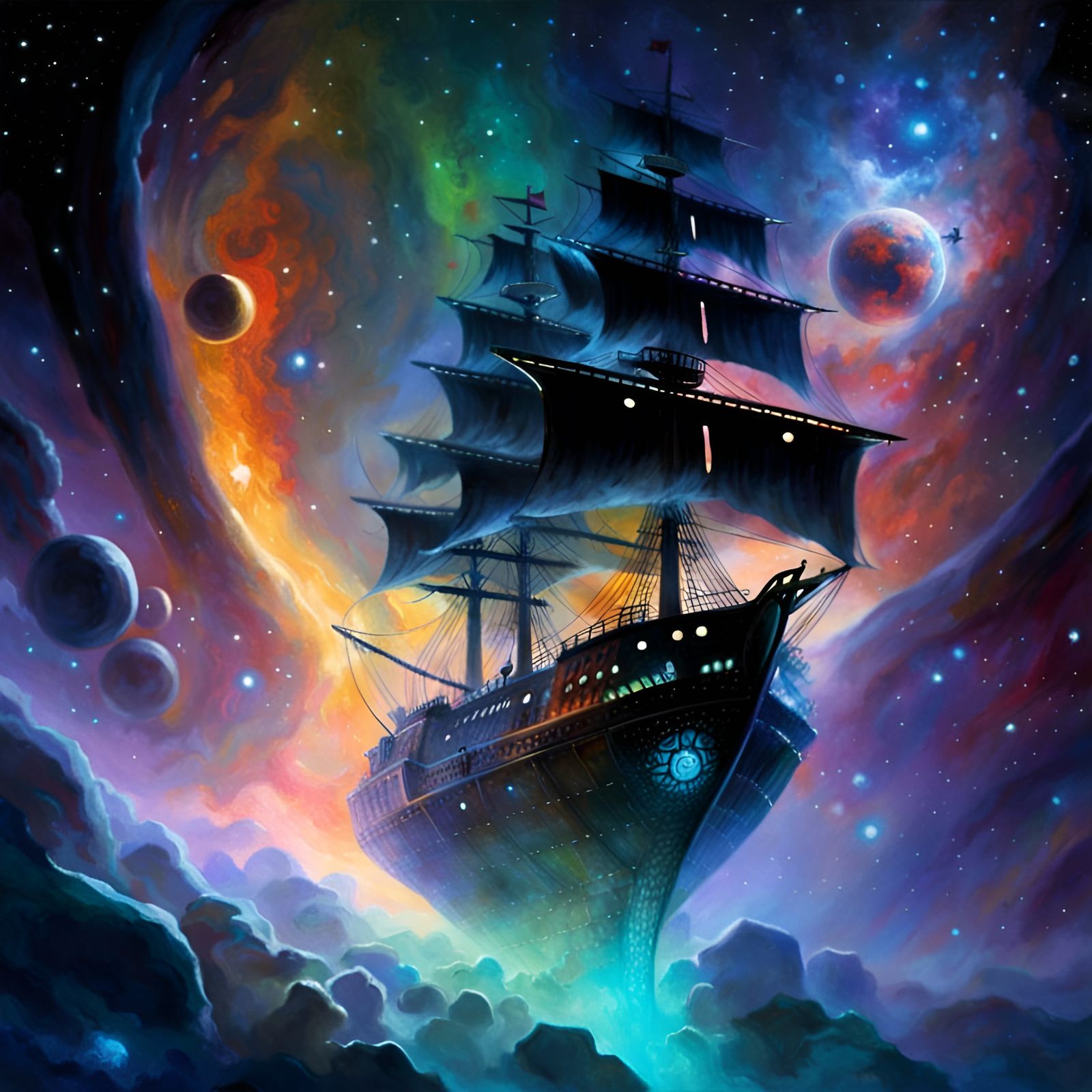 Eerie Space Pirate Ghost Ship Nebula Painting