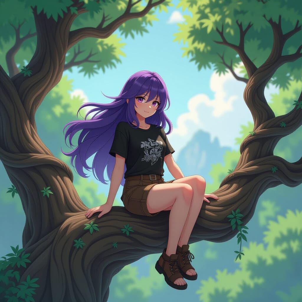 Anime Girl with Purple Hair on a Vine Tree in 3D