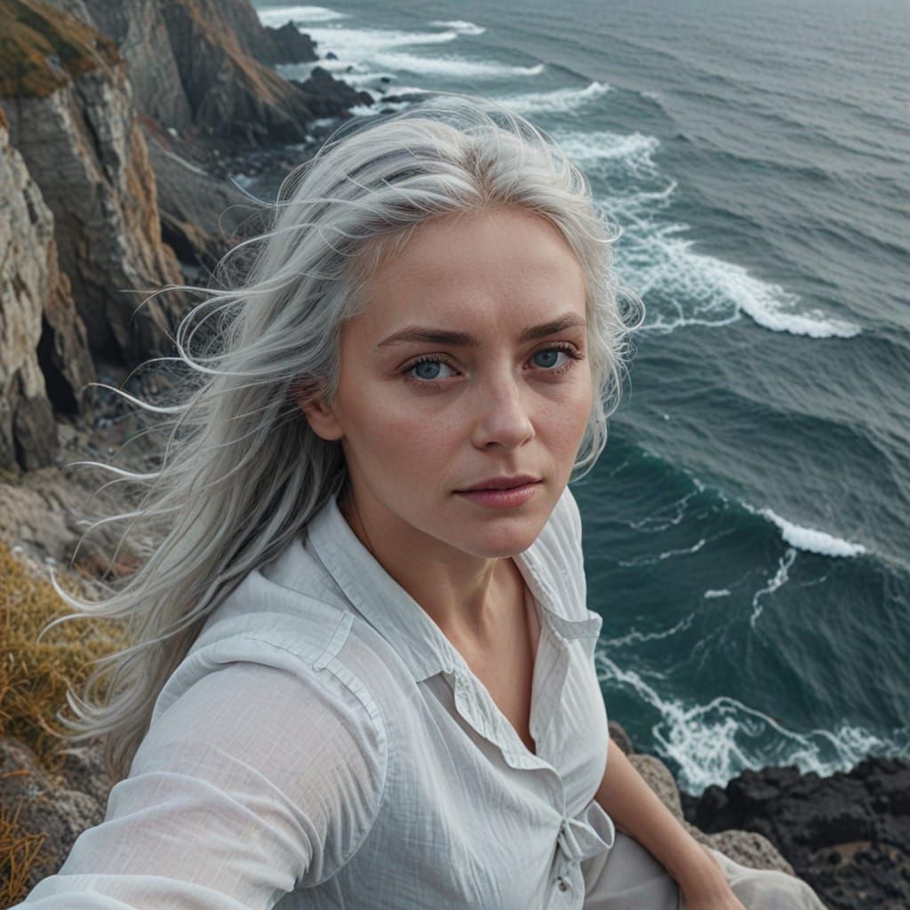Albino Asian Woman on Cliffs in Dramatic Lighting