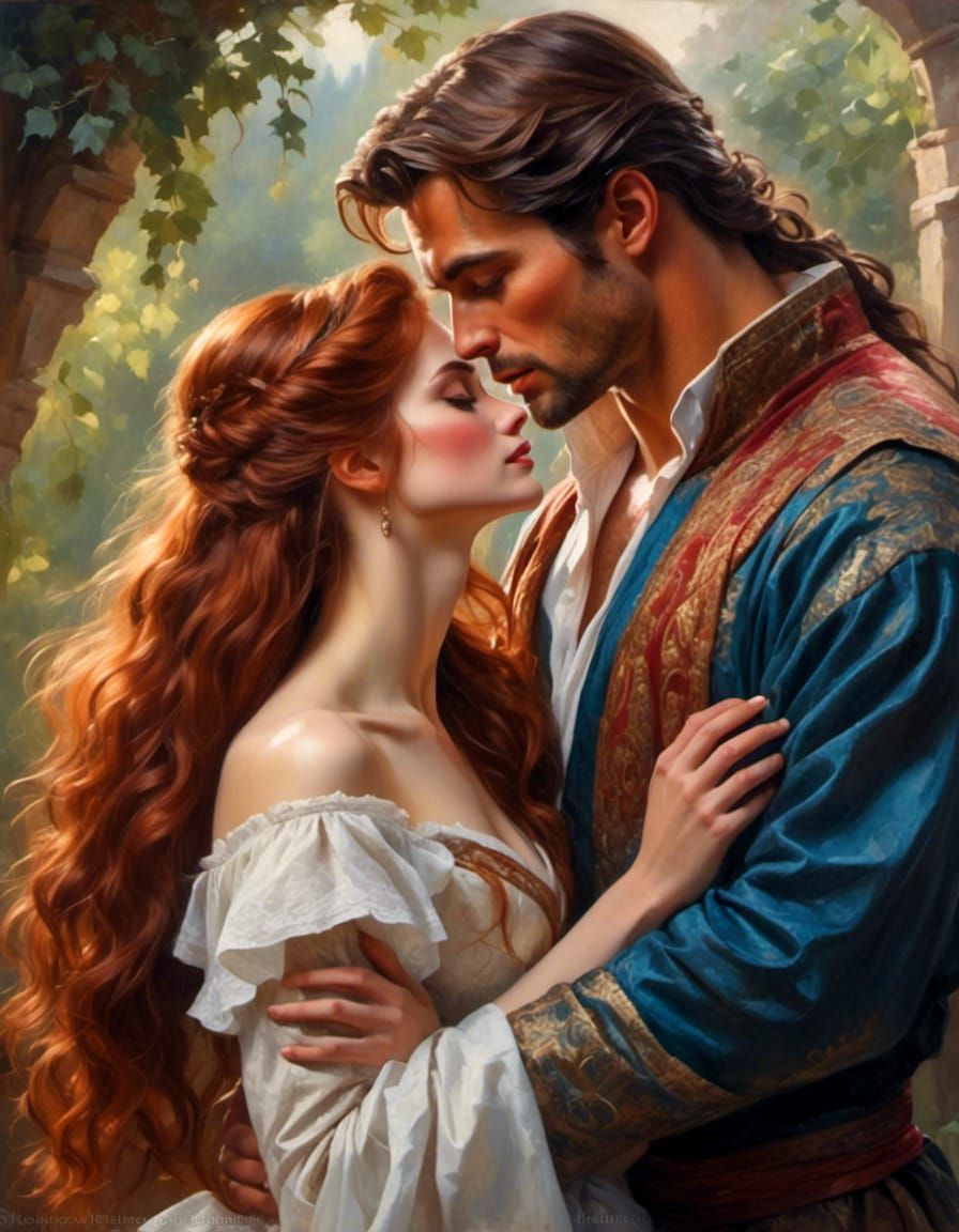 Woman with Auburn Hair Kissing a Man: Portrait