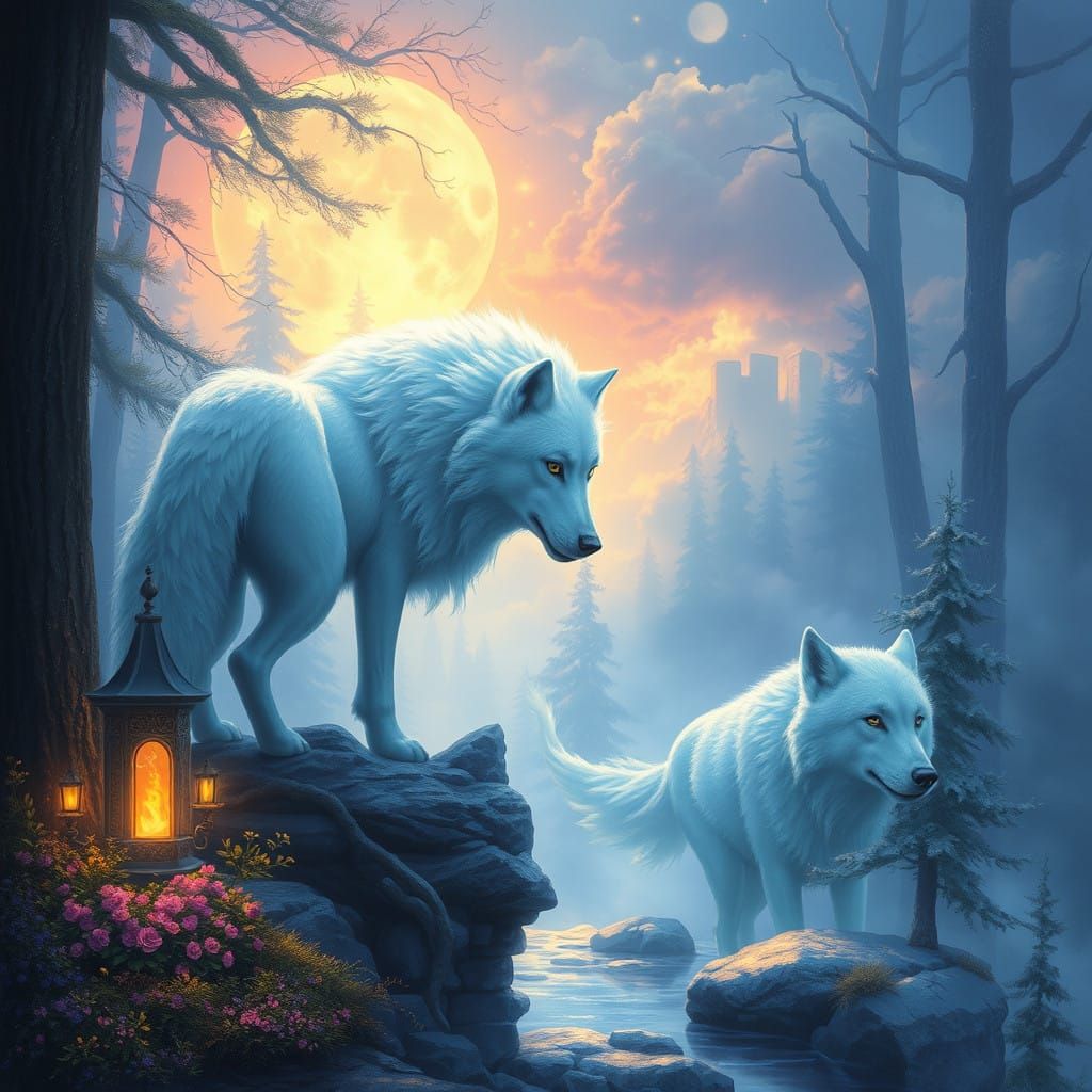 Ethereal Sapphire Wolf in Whimsical Fantasy Landscape