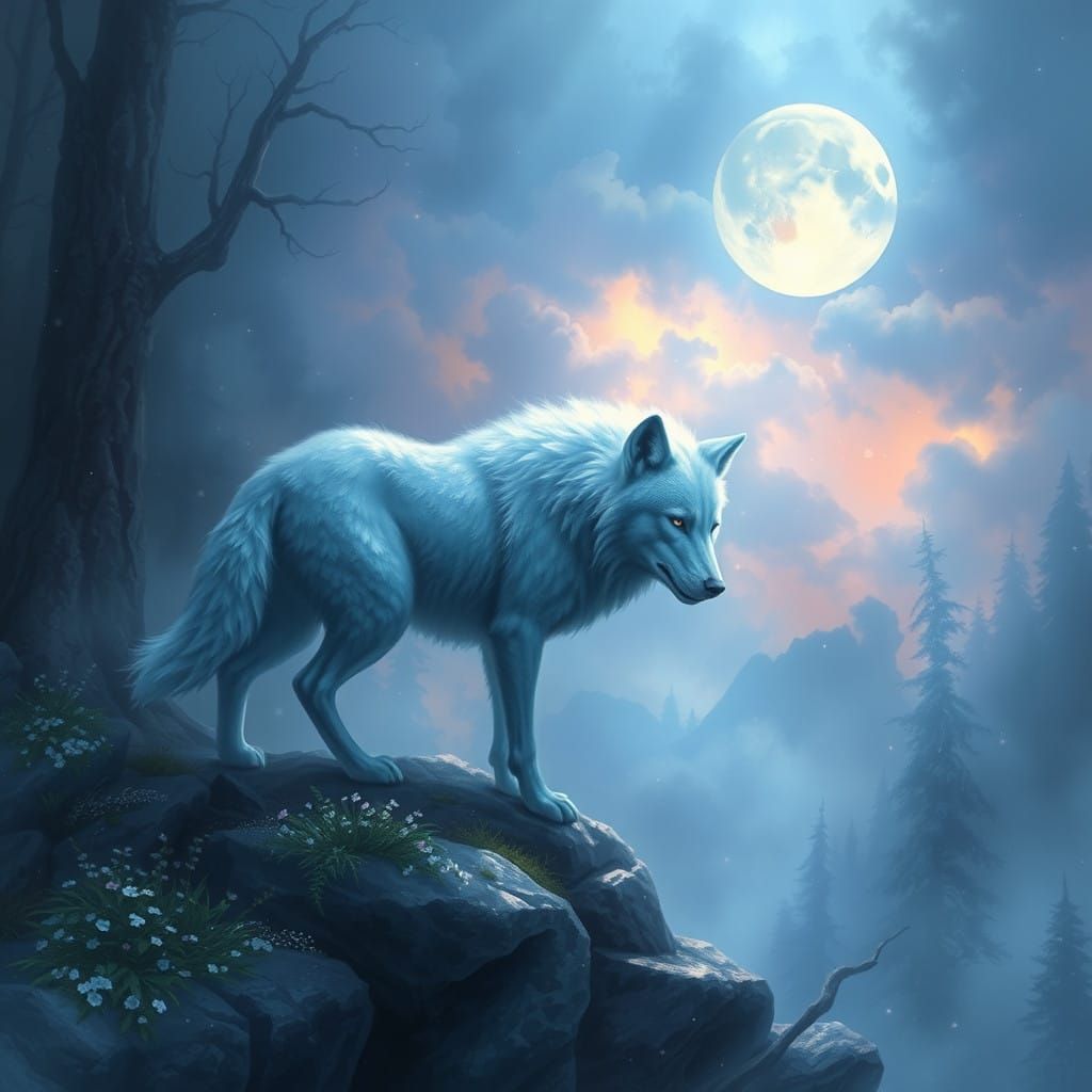 Sapphire Wolf in Ethereal Fantasy Landscape