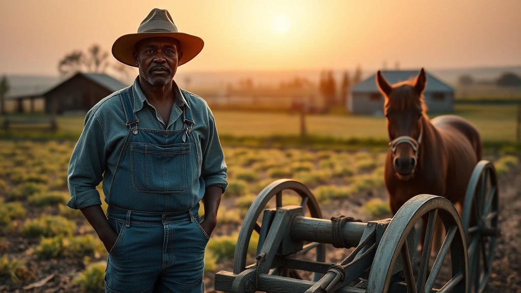 Proud Farmer with Mule at Sunset, Cinematic Film Still