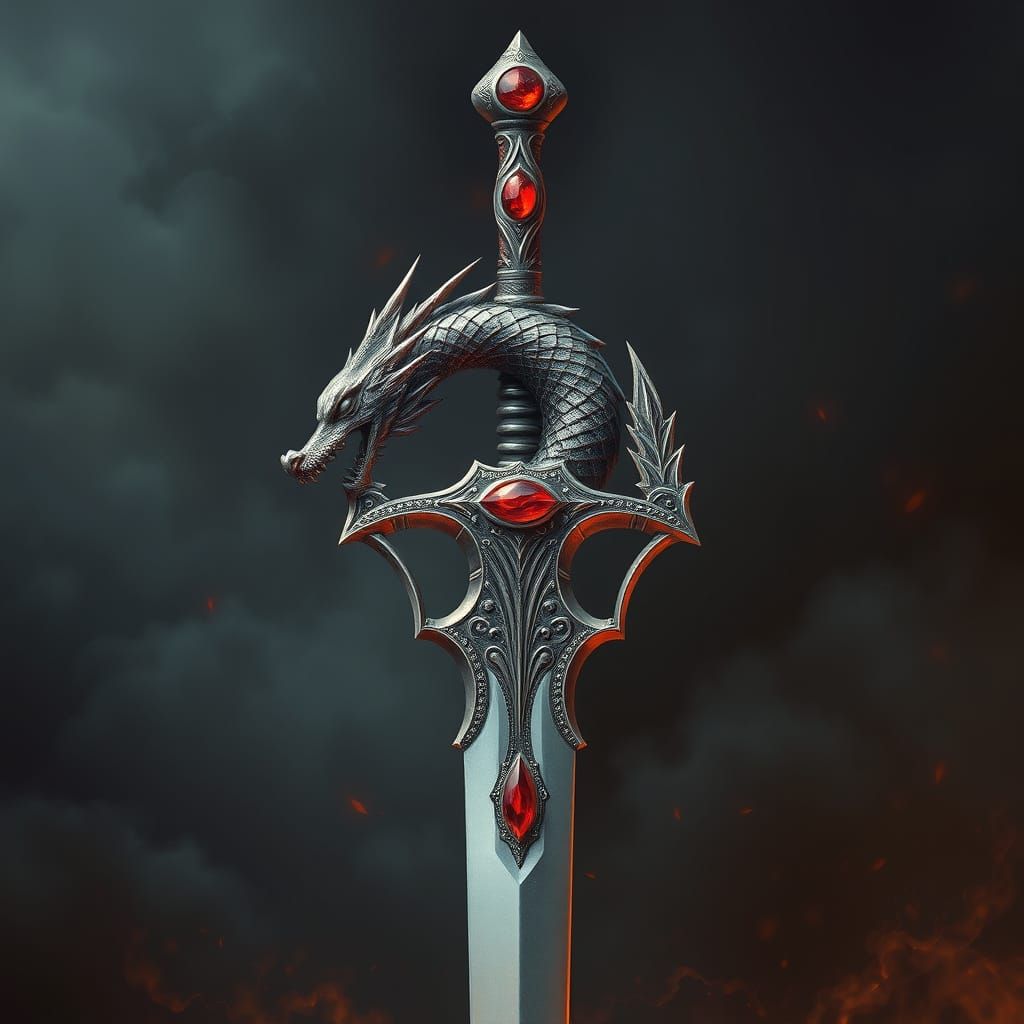 Dragon Sword with Silver Scales and Fiery Gems