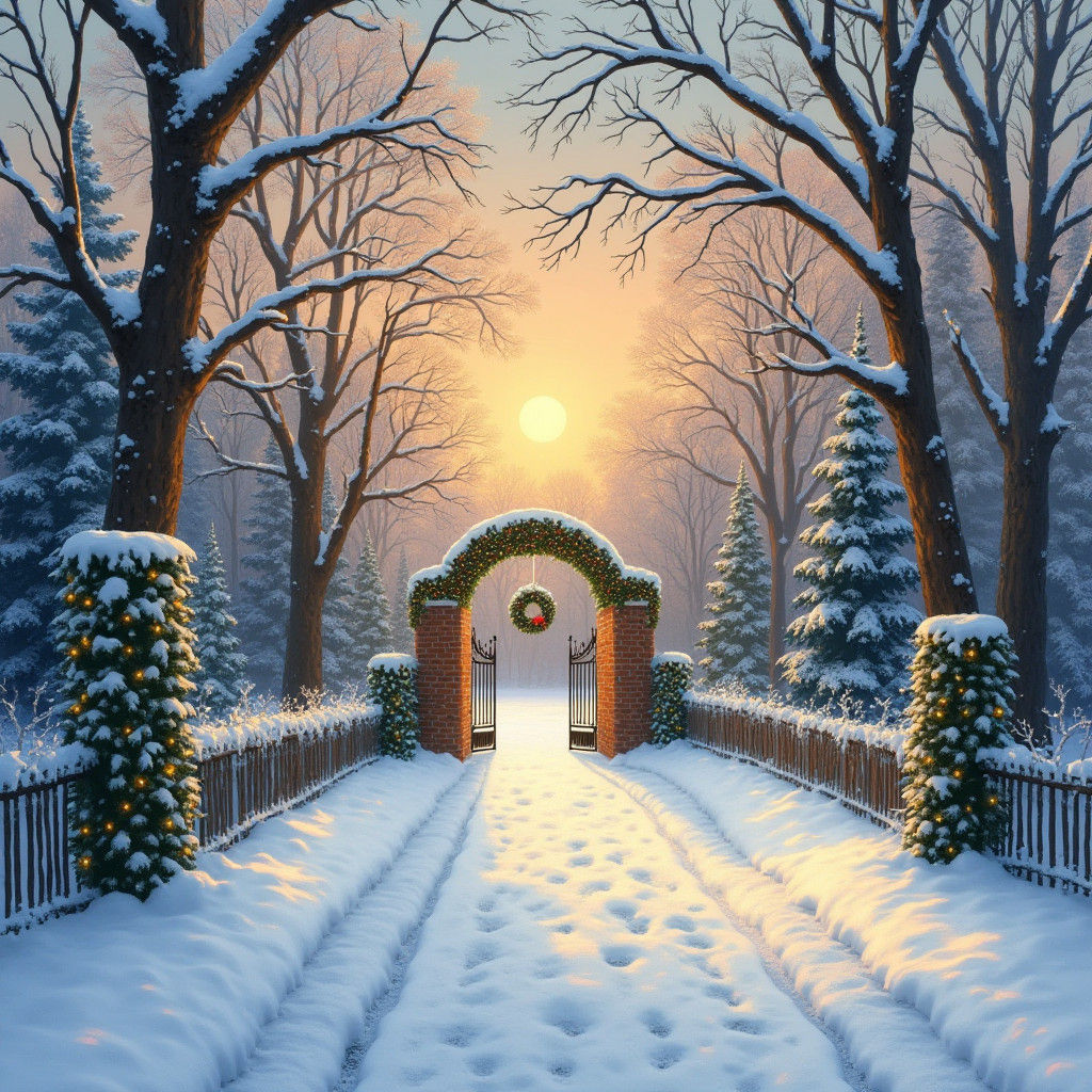 Christmas Driveway Scene in Watercolor Style