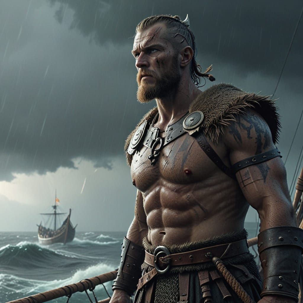 Viking Warrior on Longship in Stormy Sea