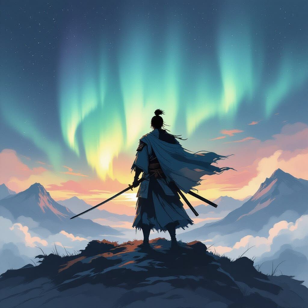 Samurai Under Aurora Borealis in Sumi-e Style