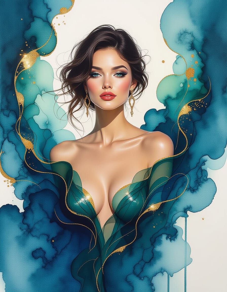 Elegant Woman Emerges from Blue Ink Glasswork with Golden Sh...