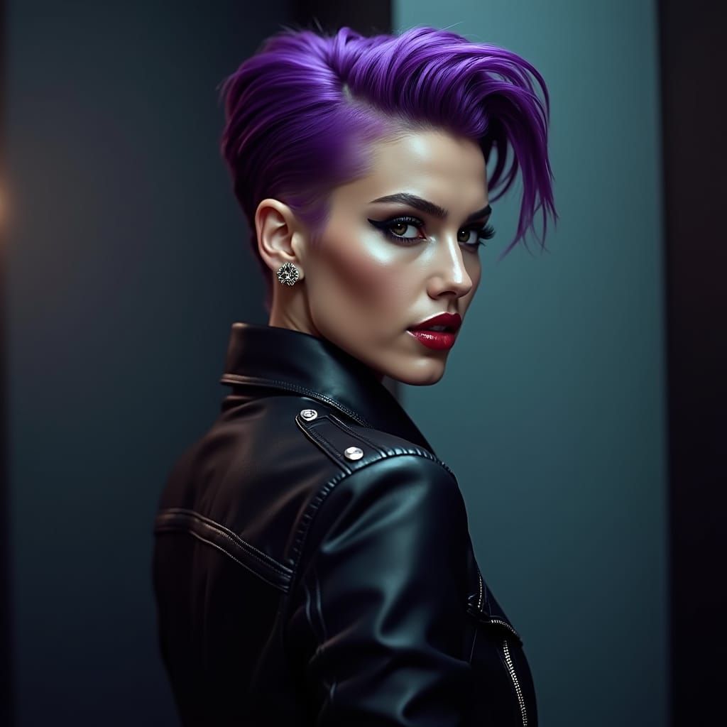 Woman in Leather Jacket with Purple Pompadour