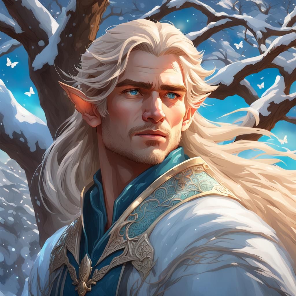 Luminous Elf Portrait on Snowy Mountain Top