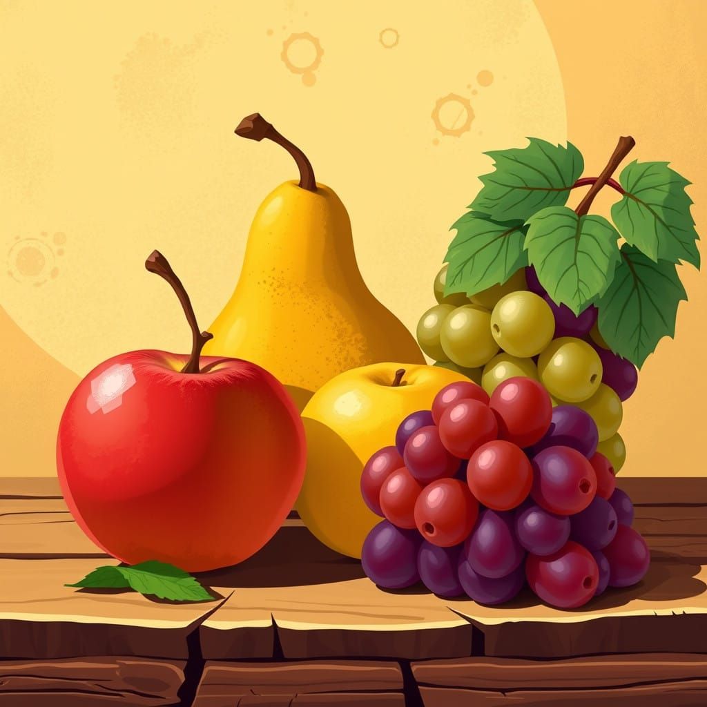 Whimsical Cel-Shaded Still Life of Fruit on a Rustic Wooden....