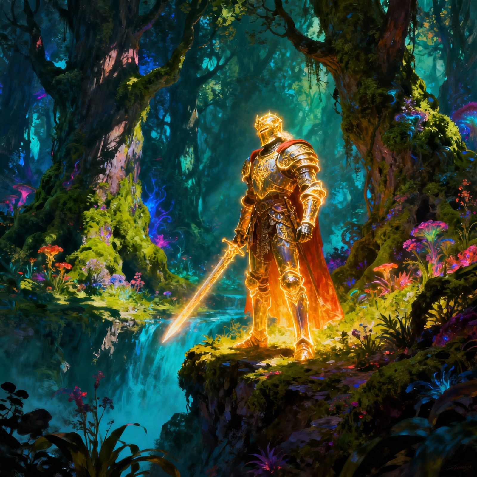 Knight in Glowing Armor at Enchanted Forest Edge