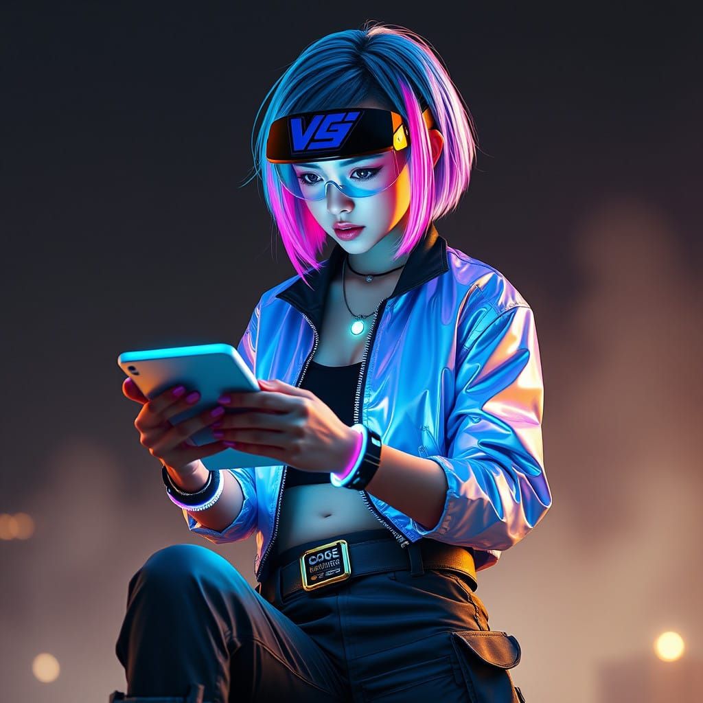 Girl in Cyberpunk Attire with Holographic Visor and Tablet