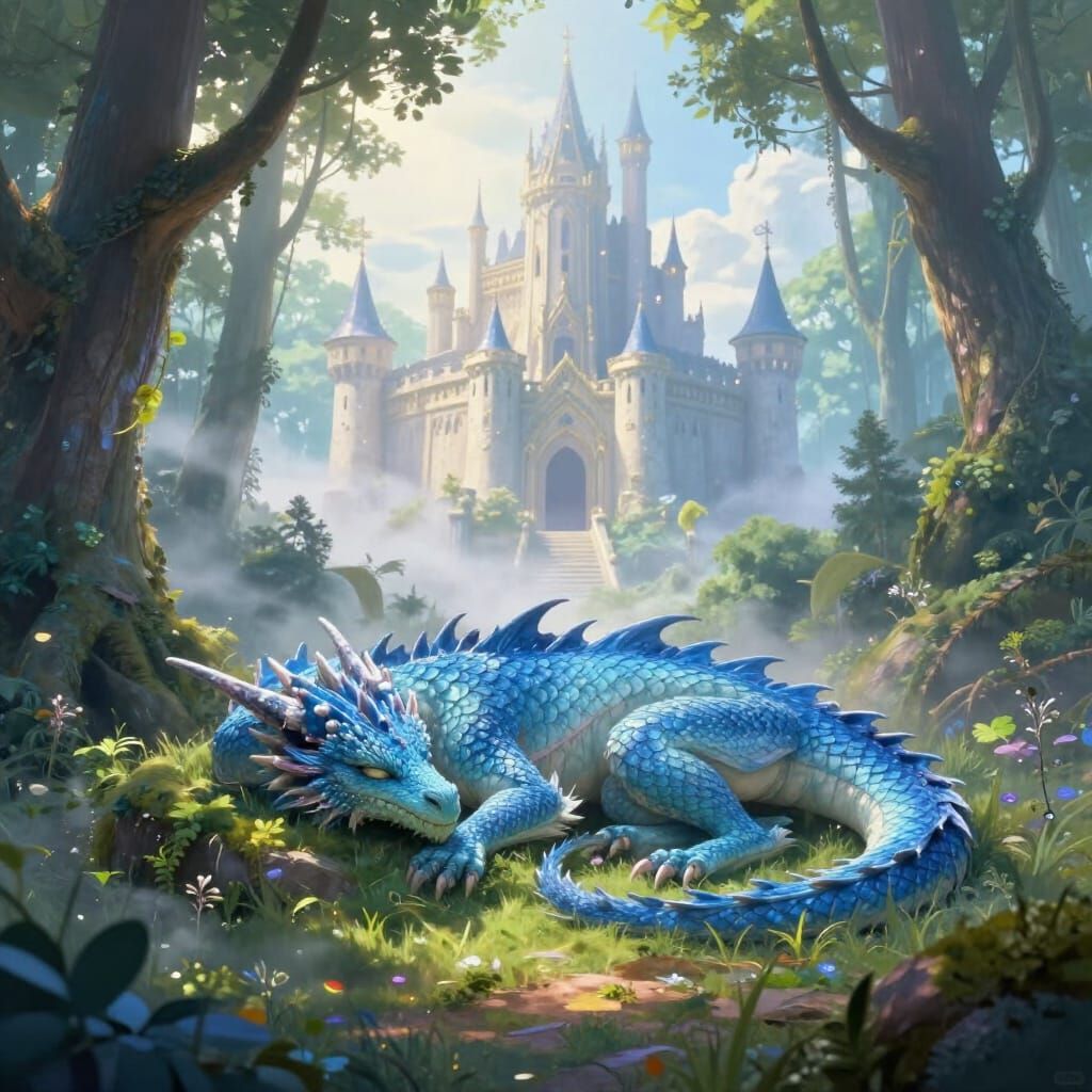 Blue Dragon Sleeps Before Ancient Castle in Enchanted Forest