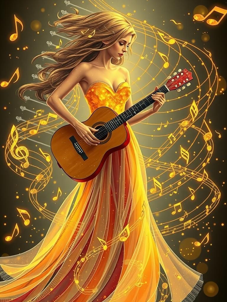 Woman in Musical Note Gown Plays Guitar