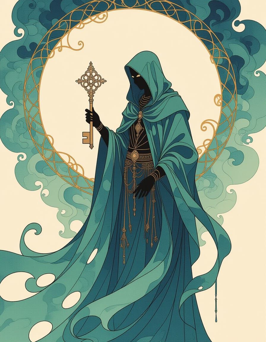 Mystical Gatekeeper with Key: Alcohol Ink Sketch