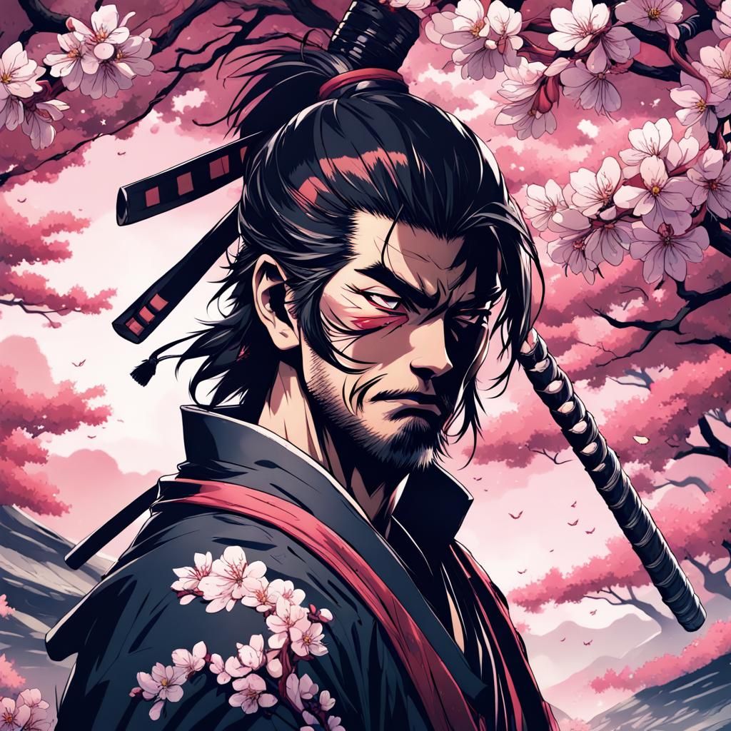 Fantasy Samurai Under Cherry Blossom in Anime Style