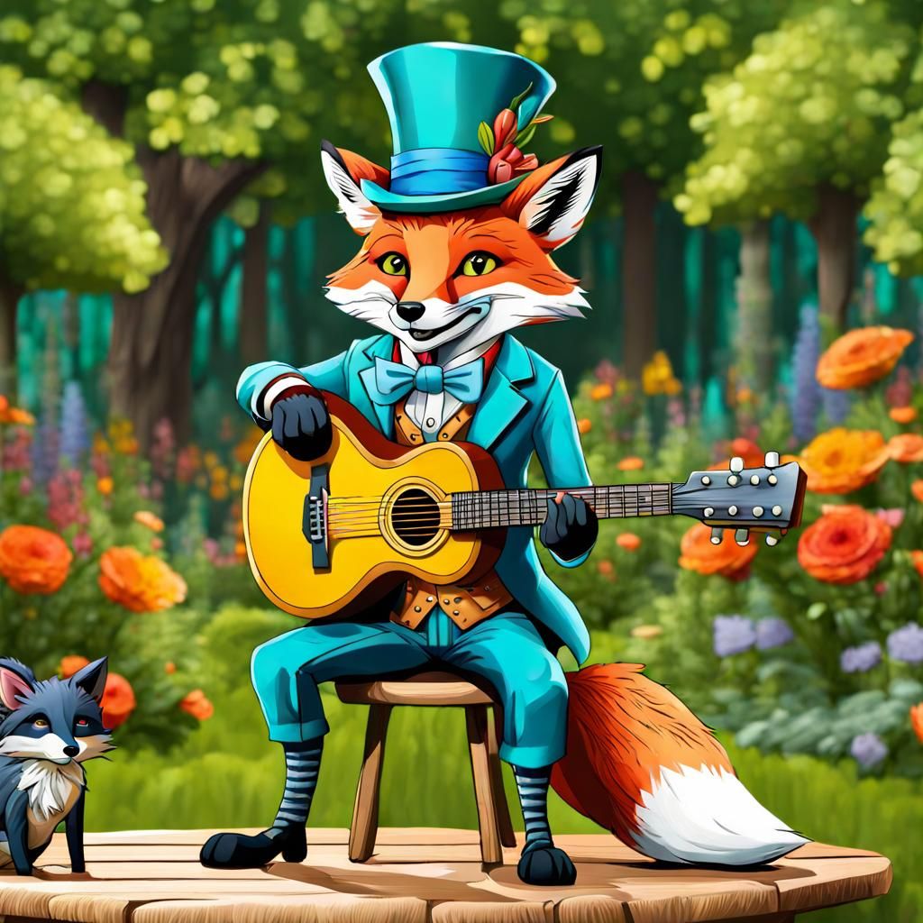 Hyperrealistic Fox Guitarist in Enchanted Forest Garden