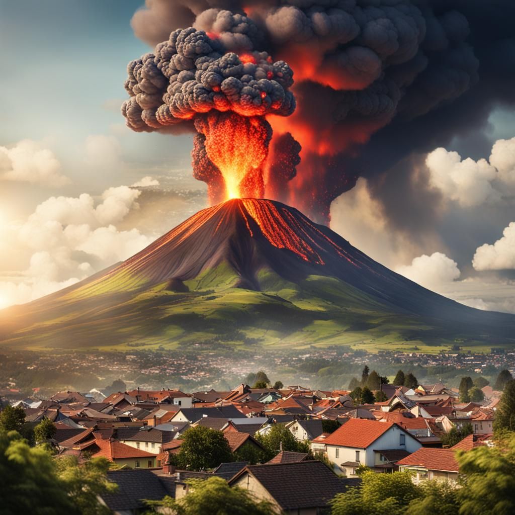 Volcano Eruption in Pastoral Town: Dramatic Photography