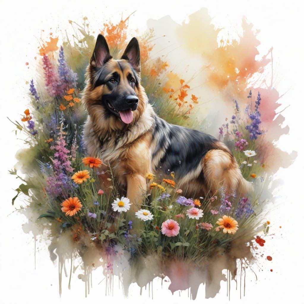 German Shepherd in Vibrant Watercolor Garden