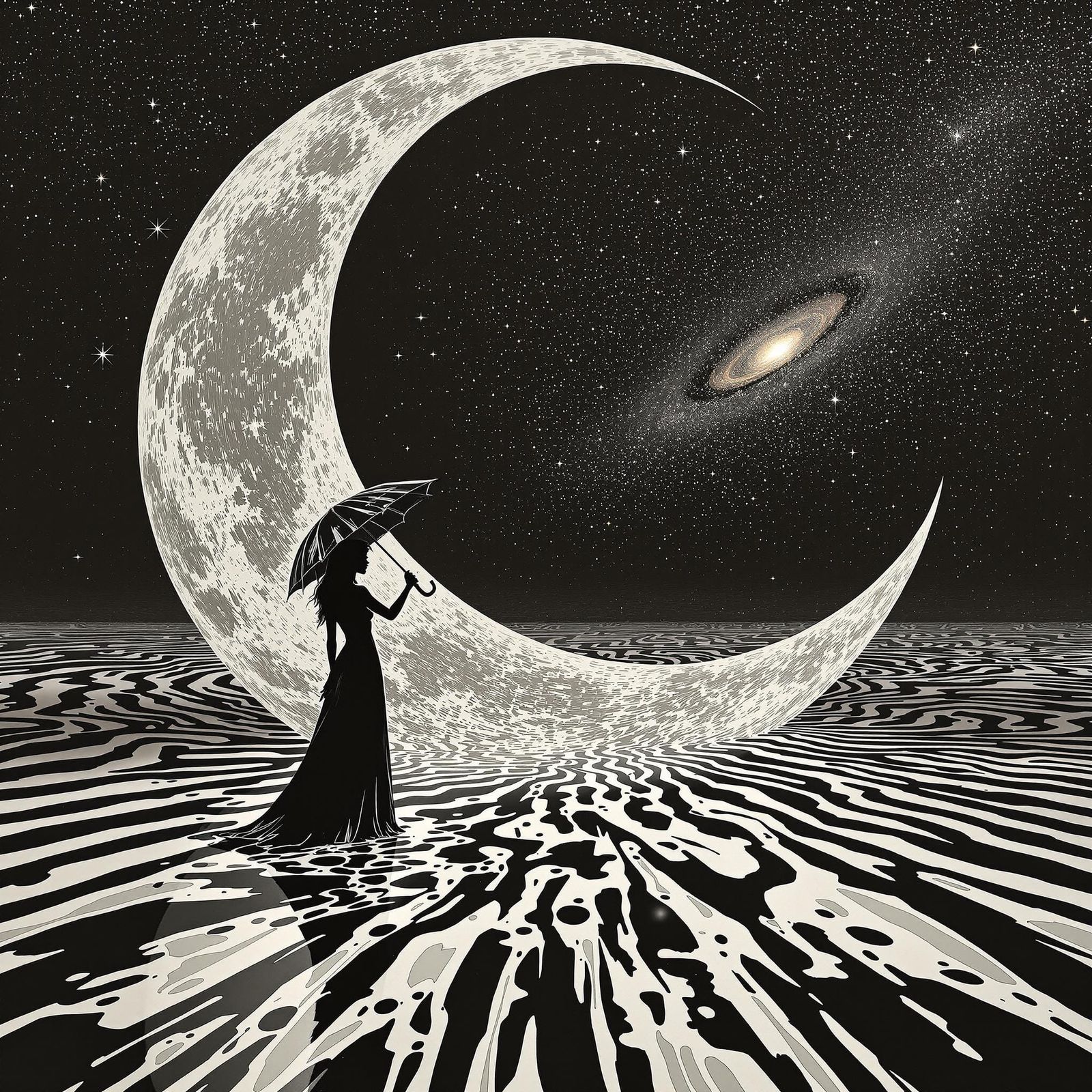 Vertigo Umbrella Under Crescent Moon, in Surrealist Style