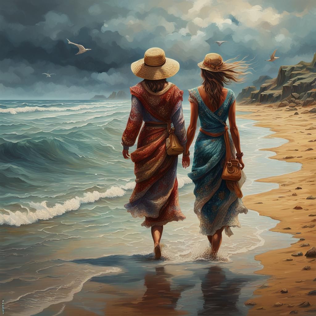 Women on Beach as Hyperrealistic Oil Painting