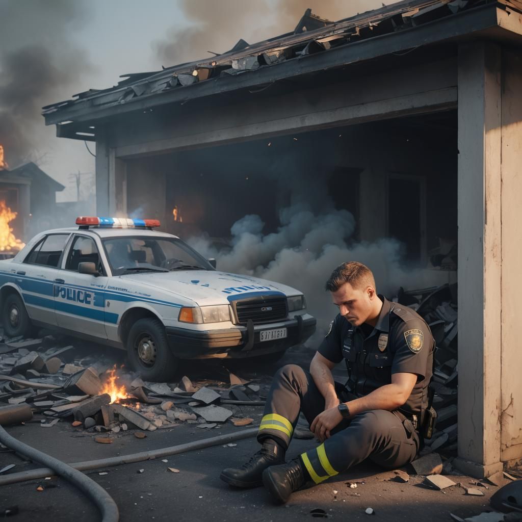 Police Officer at Destroyed House in Cinematic 3D