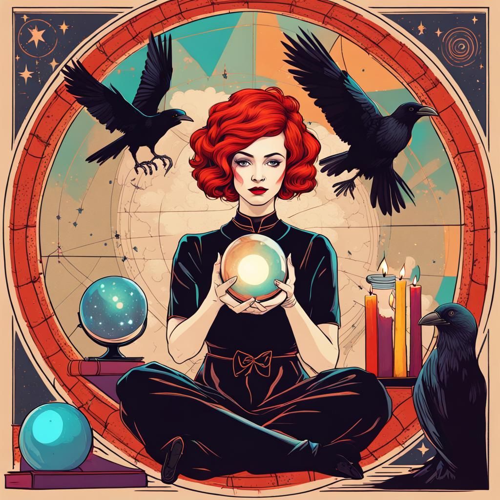 Fortune Teller with Raven in Pop Art Style