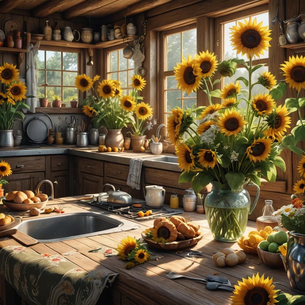 Sunflowers and Daisies Still Life in Country Kitchen