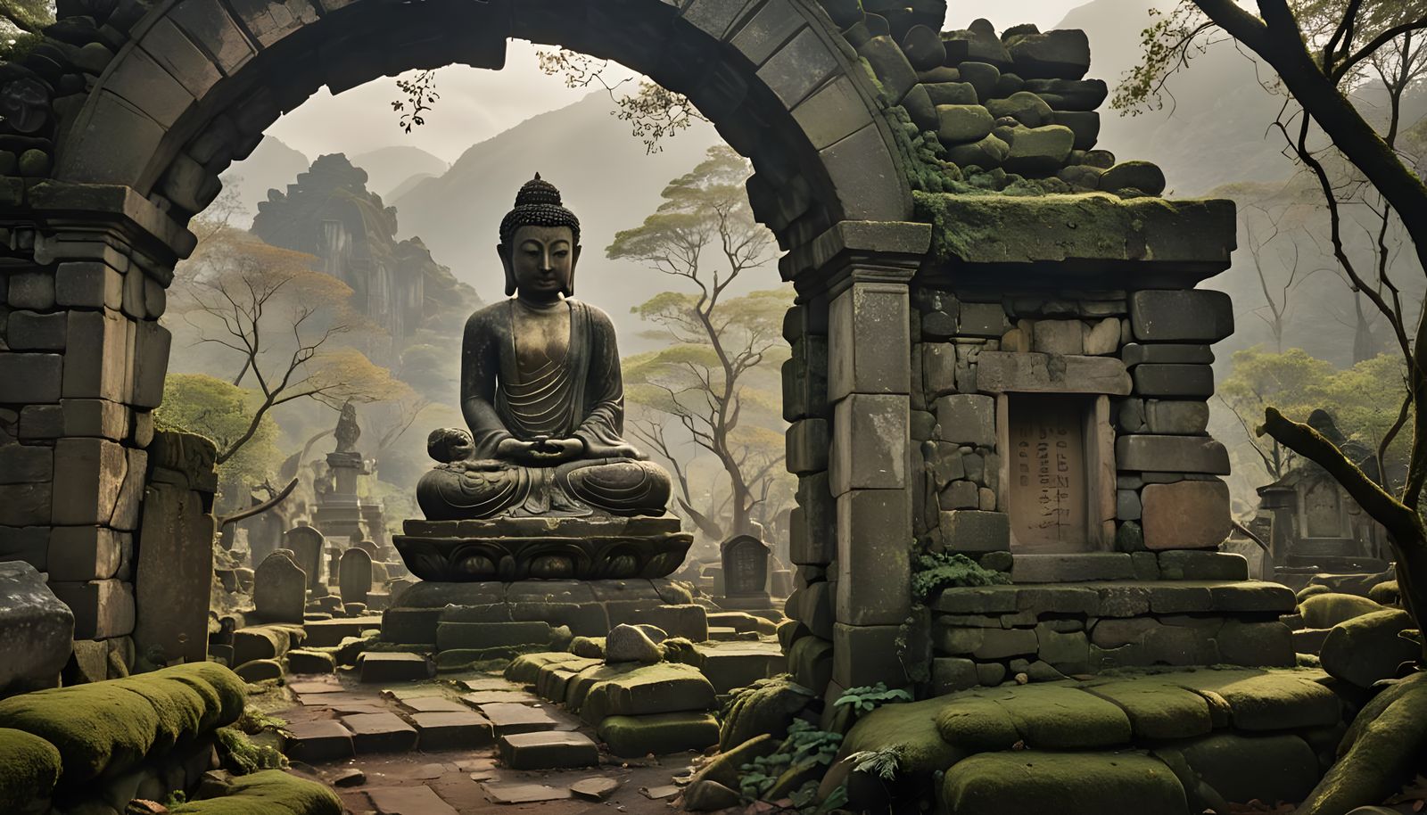 Moss-Covered Buddha in Overgrown Cemetery