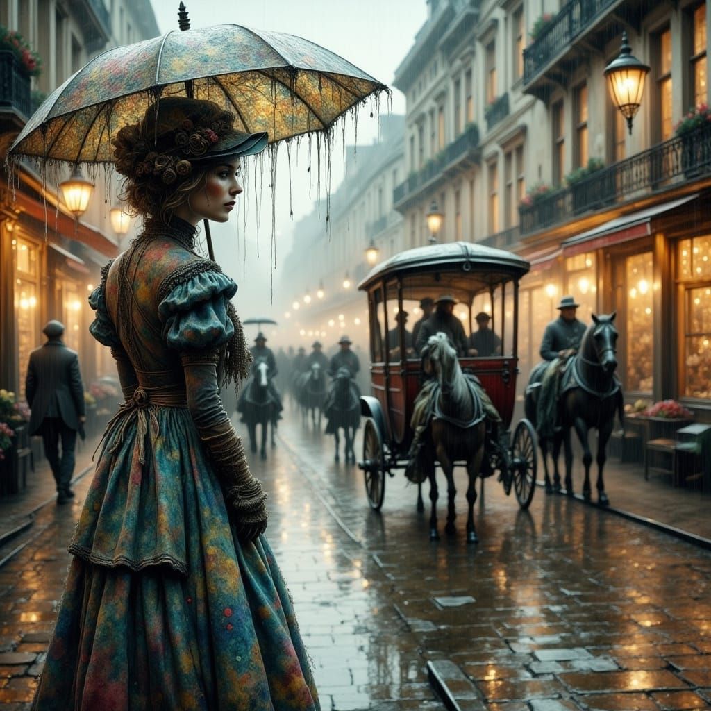 Rainy 18th Century City Scene in Romantic Style