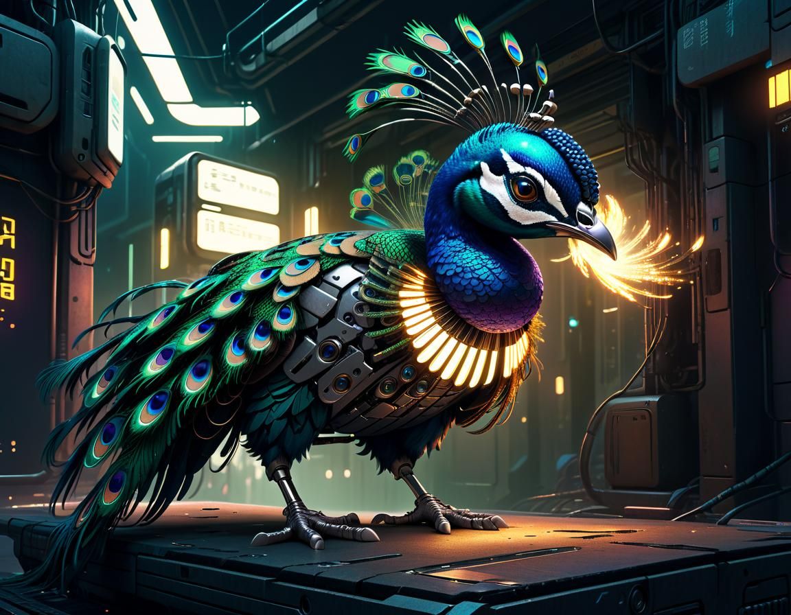 Cyberpunk Peacock: A Detailed Digital Art Piece